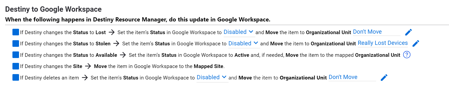 Destiny to Google Workspace rules
